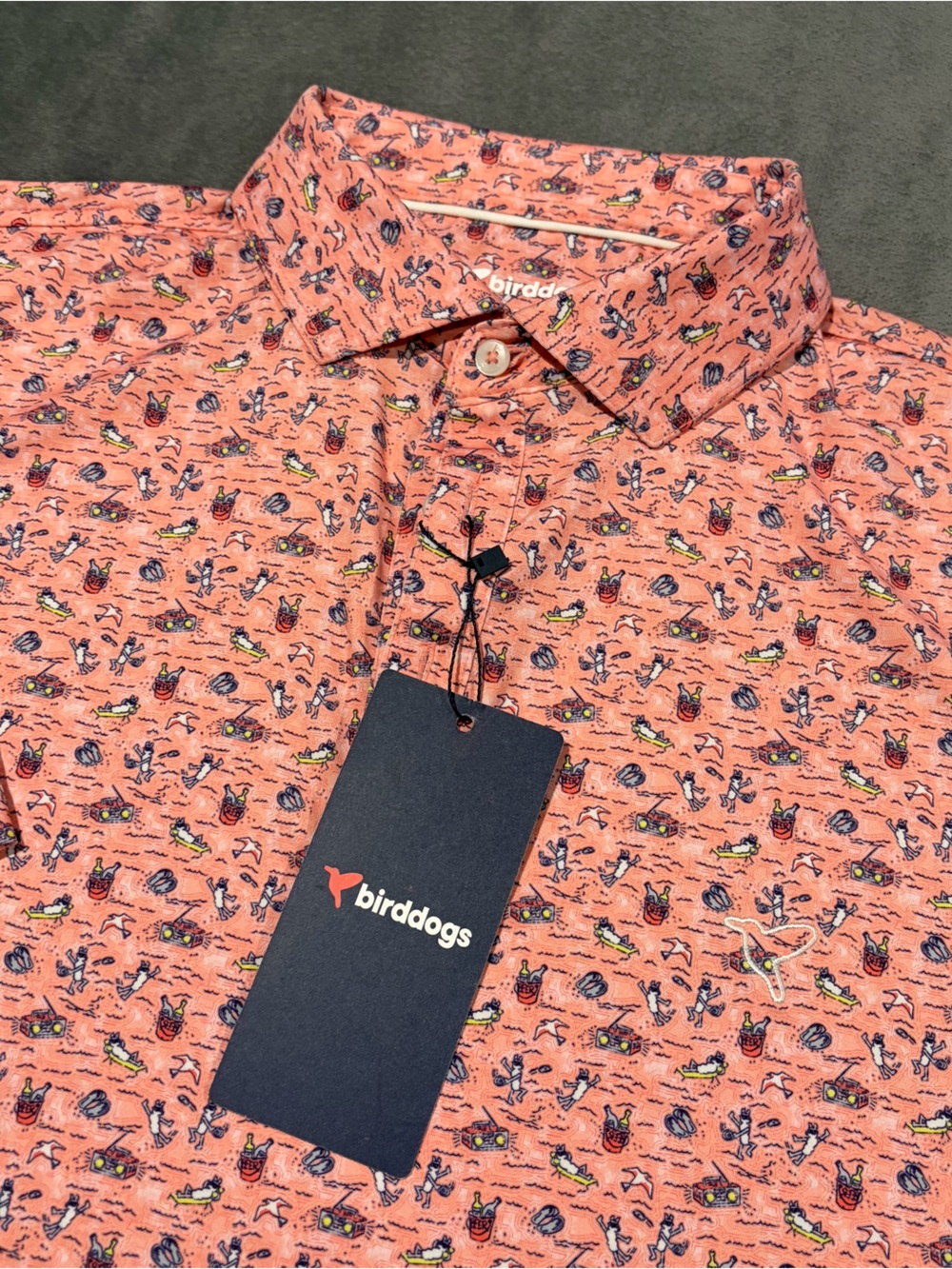 Birddogs Polo Shirt Mens Large Peach Blossom Red Golf Stretch Beach Beer Drinks
